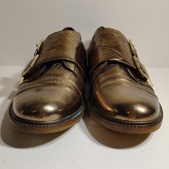 Anthropologie Kelsey Dagger Brooklyn Copper Foiled Buckle Loafers Metallic SZ 10 - Picture 8 of 13